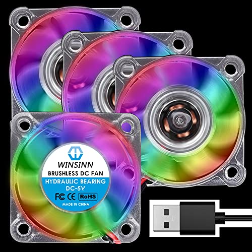 WINSINN 40mm RGB USB Lüfter 5V, LED Bunter 3D Drucker Mikro 5 Volt Lüfter 4010 Hydrauliklager, Bürstenlose Kühlung 40mm x 10mm 2PIN (4er Pack) von WINSINN