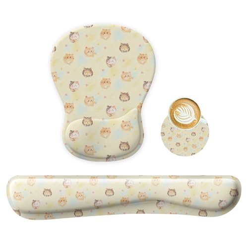 WINTOJO Handgelenkauflage Unterstützung für Mauspad Tastatur Set Kreis Untersetzer Gaming Mauspad Ergonomisches Gel Memory Foam Set für Computer, Laptop, Büro, Schmerzlinderung, bequemes Tippen Katze von WINTOJO