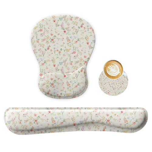 WINTOJO Handgelenkauflage Unterstützung für Mauspad Tastatur Set Kreis Untersetzer Gaming Mauspad Ergonomisches Gel Memory Foam Set für Computer, Laptop, Büro, Schmerzlinderung, bequemes Tippen Blumen von WINTOJO