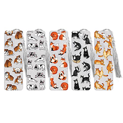 WIRESTER 5 Stück Papier Lesezeichen mit Quaste für Schüler, Leser, Lehrer, Buchliebhaber,Tiere Lustige Verspielte Haltungen (Englische Bulldogge, Smoking-Katze, Orange getigerte Katze) von WIRESTER