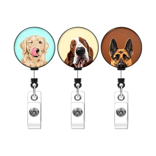 WIRESTER Ausweishalter aus Glas, einziehbar, mit drehbarem Krokodilclip, für Büroangestellte, Krankenschwestern, Ärzte, Lehrer, Studenten, Deutscher Schäferhund, Basset Hound, Winking Golden Retriever von WIRESTER