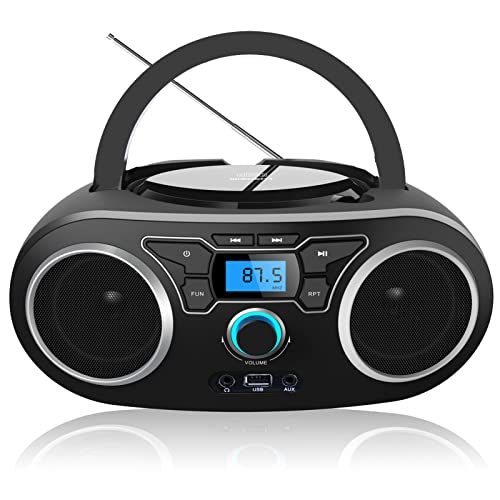 CD-Radio Tragbare CD-Player-Boombox mit Bluetooth- und FM-Radio, USB-Eingang und 3,5-mm-AUX-Kopfhörerbuchse (Schwarz) von WISCENT