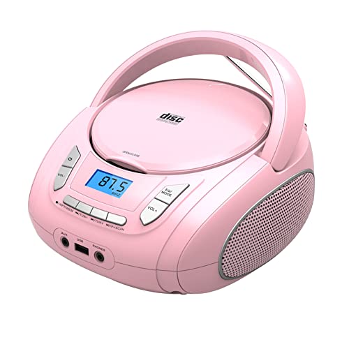 Tragbarer CD-Player für Kinder - Radio-CD-Boombox mit Bluetooth, FM-Radio, USB-Eingang & AUX-Anschluss & Kopfhörerbuchse, CD-Player für zu Hause oder draußen (Pink) von WISCENT
