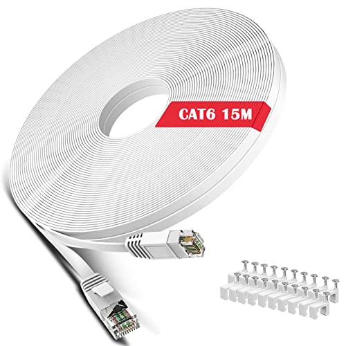 WISCENT Ethernet-Kabel 15m, Cat 6 High Speed Ethernet-Kabel,Lang Netzwerkkabel Flach,Hochgeschwindigkeits Gigabit Ethernet Kabel, Cat6 RJ45 Weiss Internet Patchkabel von WISCENT
