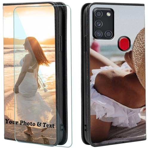 WISTFULNAI Personalisierte Leder Handyhülle + 1 Stück Schutz Glas für Samsung Galaxy A21,Individuelle Text Bildern Flip Klapphüllen,Hülle mit Foto für Samsung Galaxy A21 - Black-QC WISTFULNAI Personalisierte Leder Handyhülle + 1 Stück Schutz Glas für Samsung Galaxy A21,Individuelle Text Bildern Flip Klapphüllen,Hülle mit Foto für Samsung Galaxy A21 - Black-QC von WISTFULNAI