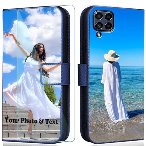 WISTFULNAI Personalisierte Leder Handyhülle + 1 Stück Schutz Glas für Samsung Galaxy A22 4G,Individuelle Text Bildern Flip Klapphüllen,Hülle mit Foto für Samsung Galaxy A22 4G - Blue-ZW WISTFULNAI Personalisierte Leder Handyhülle + 1 Stück Schutz Glas für Samsung Galaxy A22 4G,Individuelle Text Bildern Flip Klapphüllen,Hülle mit Foto für Samsung Galaxy A22 4G - Blue-ZW von WISTFULNAI