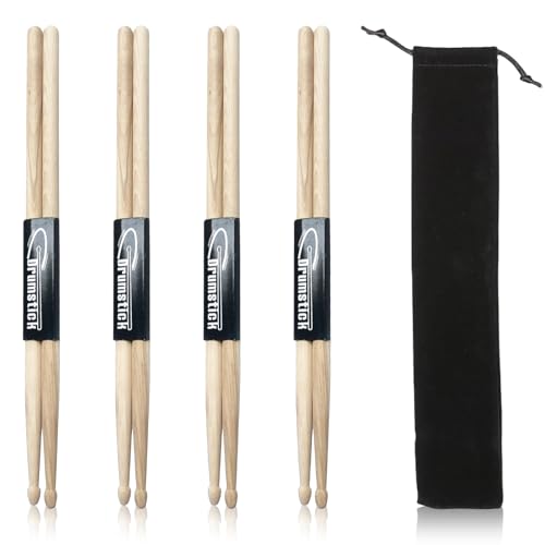 WIYETY 5A Klassische Ahornholz Drumsticks: 4 Paar Klassische Ahorn Holz Spitze Drumsticks, Oval Holz Tip Drum Sticks mit Schwarz Drumstick Tasche (10cm*45cm) für Erwachsene, Kinder und Anfänger von WIYETY