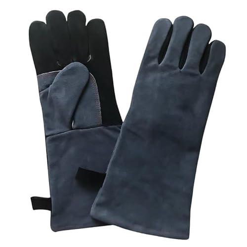 WIYETY Leder Grillhandschuhe: Hitzebeständige Grillhandschuhe, 40 cm Kaminhandschuhe für Barbecue, Feuerfester Hitzebeständige Mitts für Küche, Backen, BBQ, Mikrowellenherd, Grillen (Schwarz-Grau) von WIYETY