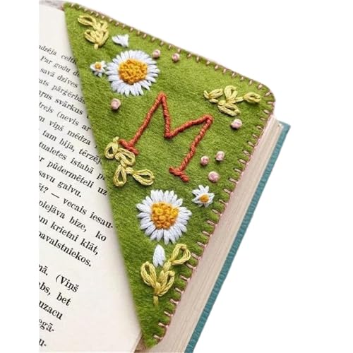 Gesticktes Lesezeichen 2 Stück Design handgesticktes Ecklesezeichen, süße Blumenbuchstaben-Stickerei-Lesezeichen, genähtes Filz-Ecklesezeichen, Buchclip(Color2) von WLIHDB