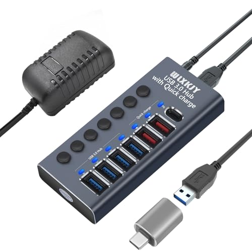 Premium Aluminium USB 3.0 Hub - WLXKJY 7-in-1 Hub mit 36W (12V/3A) Stromversorgung, 4X USB 3.0 High-Speed Ports und 3X Ladeanschlüssen inklusive PD Schnellladefunktion von WLXKJY