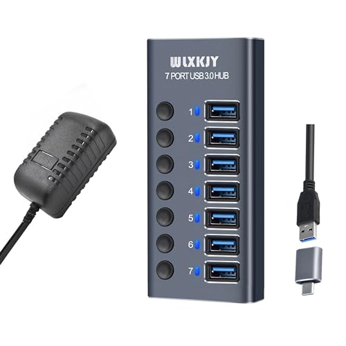 WLXKJY Aktiver 3.0-USB-Hub mit 36 ​​W (12 V/3 A) Netzteil, 7-Port-Aluminium-USB 3.0-Hub zum Laden und Hochgeschwindigkeits-Datenübertragung, Multi-Port-USB 3.0-Splitter mit einzelnen Schaltern, USB-C von WLXKJY