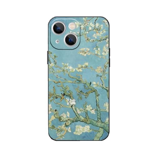 WMCFNG Kompatibel mit iPhone 14 Handyhülle, berühmte Art Van Gogh Mandelblüte, ästhetisch, kunstvolles blaues Blumendesign, schlank, dekorativer und schützender Rand, stoßfeste Schutzhülle für Damen von WMCFNG