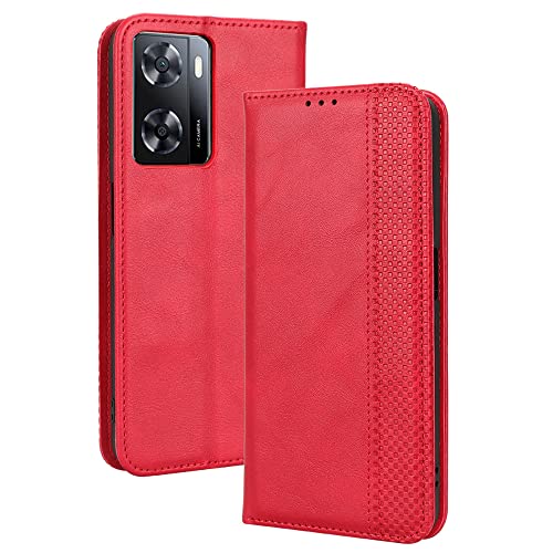 WOBURN Hülle für Oppo A57s / A57 4G, Premium TPU/PU Leder Klappbar Schutzhülle Tasche Handyhülle mit Standfunktion & Kartensteckplätzen, Rot von WOBURN