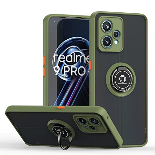 WOBURN Hülle für Realme 9 Pro+(Plus), Realme 9 4G, TPU/PC Stoßfest Handyhülle mit Fingerring Stände, Durchscheinend Gefrostet Anti Fingerabdruck Schutzhülle. Armeegrün von WOBURN