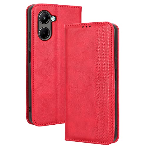 WOBURN Hülle für Realme C33, Premium TPU/PU Leder Klappbar Schutzhülle Tasche Handyhülle mit Standfunktion & Kartensteckplätzen, Rot von WOBURN