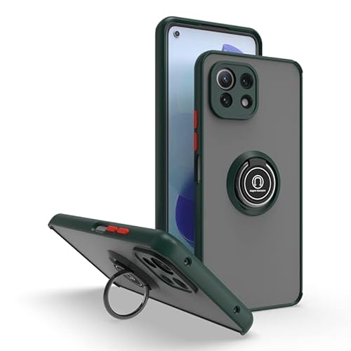 WOBURN Hülle für Xiaomi Mi 11 Lite 4G / 5G / 5G NE, TPU/PC Stoßfest Handyhülle mit Fingerring Stände, Durchscheinend Gefrostet Anti Fingerabdruck Schutzhülle. Dunkelgrün von WOBURN