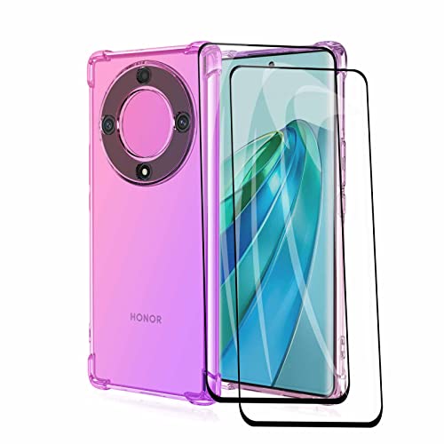 WOBURN Silikon Hülle für Honor Magic 5 Lite 5G (Magic5 Lite) / X9a mit 2 Panzerglas Schutzfolie, Handyhülle Transparent Dünne Weiche TPU Stoßfest Durchsichtige Schutzhülle Bumper (Pink Lila) von WOBURN
