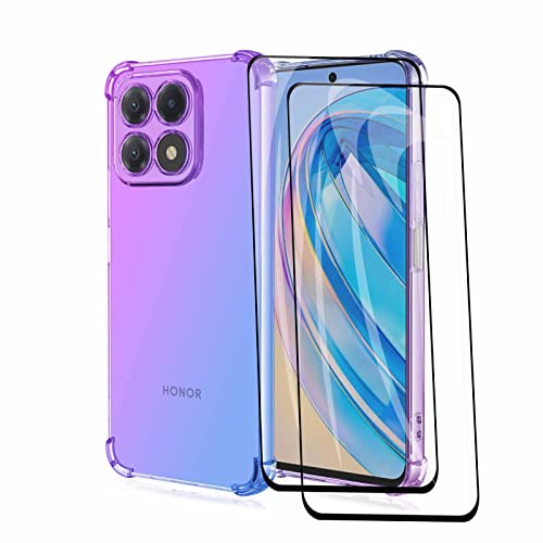WOBURN Silikon Hülle für Honor X8a mit 2 Panzerglas Schutzfolie, Handyhülle Transparent Dünne Weiche TPU Stoßfest Durchsichtige Schutzhülle Bumper (Lila Blau) von WOBURN