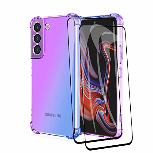 WOBURN Silikon Hülle für Samsung Galaxy S23 Plus | S23+ 5G mit 2 Panzerglas Schutzfolie, Handyhülle Transparent Dünne Weiche TPU Stoßfest Durchsichtige Schutzhülle Bumper (Lila Blau) von WOBURN