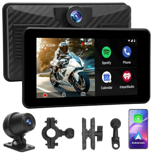 WODHMIEY Motorrad Dashcam, IPX8 Wasserdicht, 5-Zoll-IPS-Touchscreen, Dual-Kamera (2K & AHD), Bluetooth 5.0, Kabelloses CarPlay & Android Auto, 9V-24V Universelle Spannung von WODHMIEY