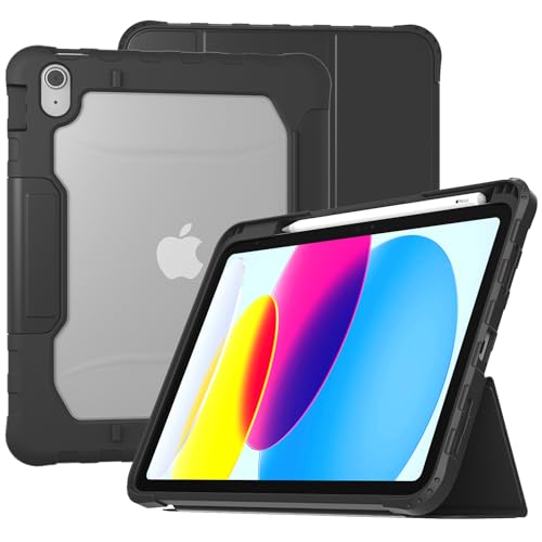 WODJWE Schutzhülle für iPad 10. Generation, iPad 10.9 Hülle 2022 (Modell: A2696 A2757 A2777), stoßfeste Silikonhülle mit Displayschutz aus gehärtetem Glas, Stifthalter und Schultergurt, Griff und von WODJWE
