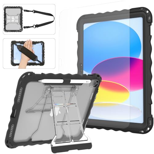 WODJWE Schutzhülle für iPad 10. Generation, iPad 10.9 Hülle 2022 (Modell: A2696 A2757 A2777), stoßfeste Silikonhülle mit Displayschutz aus gehärtetem Glas, Stifthalter und Schultergurt, Griff und von WODJWE