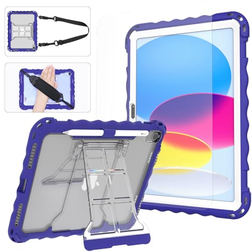 WODJWE Schutzhülle für iPad der 10. Generation, iPad 10.9 Hülle 2022 (Modell: A2696, A2757, A2777), stoßfeste Silikonhülle mit Displayschutz aus gehärtetem Glas, Stifthalter und Schultergurt, Griff von WODJWE