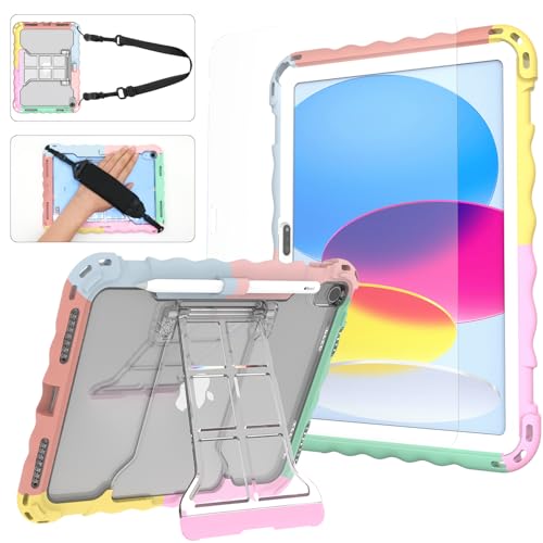 WODJWE Schutzhülle für iPad der 10. Generation, iPad 10.9 Hülle 2022 (Modell: A2696, A2757, A2777), stoßfeste Silikonhülle mit Displayschutz aus gehärtetem Glas, Stifthalter und Schultergurt von WODJWE