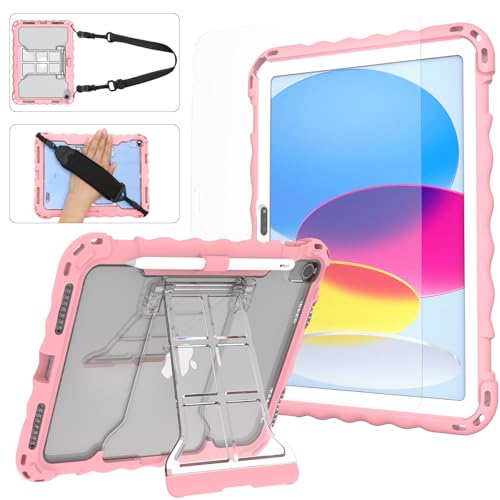WODJWE Schutzhülle für iPad der 10. Generation, iPad 10.9 Hülle 2022 (Modell: A2696, A2757, A2777), stoßfeste Silikonhülle mit Displayschutz aus gehärtetem Glas, Stifthalter und Schultergurt von WODJWE