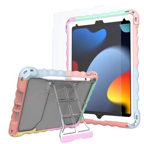 WODJWE iPad 9th/8th/7th Generation Hülle, iPad 10.2 Hülle 2021/2020/2019, stoßfeste Silikonhülle mit gehärtetem Glas Displayschutz, Stifthalter & Schultergurt, Griff Ständer (Regenbogen) von WODJWE