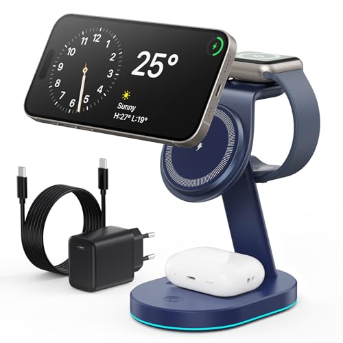 3 in 1 Wireless Charger Induktive Ladestation, 15W Schnelles Mag-Safe Ladestation mit 30W USB C Adapter & Nachtlicht für iPhone 16/15/14/13/12 Serie, Apple Watch und AirPods - Tiefblau 3 in 1 Wireless Charger Induktive Ladestation, 15W Schnelles Mag-Safe Ladestation mit 30W USB C Adapter & Nachtlicht für iPhone 16/15/14/13/12 Serie, Apple Watch und AirPods - Tiefblau von WOGPE