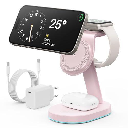 3 in 1 Wireless Charger Induktive Ladestation, Qi2-zertifizierte 15W Schnelles Mag-Safe Ladestation mit 30W USB C Adapter & Nachtlicht für iPhone 16/15/14/13/12 Serie, Apple Watch und AirPods - Rosa 3 in 1 Wireless Charger Induktive Ladestation, Qi2-zertifizierte 15W Schnelles Mag-Safe Ladestation mit 30W USB C Adapter & Nachtlicht für iPhone 16/15/14/13/12 Serie, Apple Watch und AirPods - Rosa von WOGPE