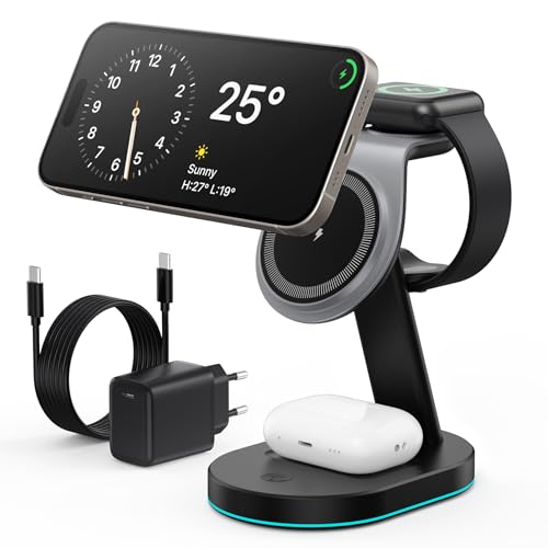 3 in 1 Wireless Charger Induktive Ladestation, Qi2-zertifizierte 15W Schnelles Mag-Safe Ladestation mit 30W USB C Adapter & Nachtlicht für iPhone 16/15/14/13/12 Serie, Apple Watch und AirPods usw 3 in 1 Wireless Charger Induktive Ladestation, Qi2-zertifizierte 15W Schnelles Mag-Safe Ladestation mit 30W USB C Adapter & Nachtlicht für iPhone 16/15/14/13/12 Serie, Apple Watch und AirPods usw von WOGPE