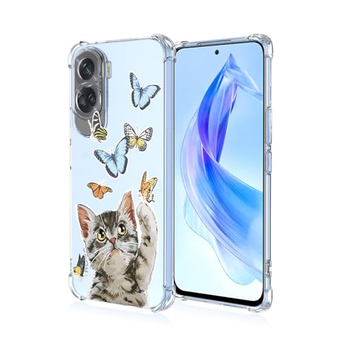 WOKEZ Clear Hülle für Honor 90 Lite, Stoßfeste TPU Handyhülle für Honor 90 Lite mit Blumen Katze, Transparente Schlanke Bumper Schutzhülle-B40 von WOKEZ