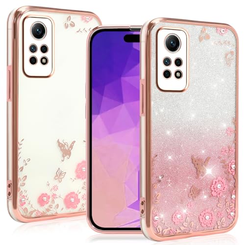 WOKEZ Glitzer Bling Transparente Hülle für Xiaomi Redmi Note 12 Pro 4G, Klarer Glitzer Silikon Handyhülle für Frauen und Mädchen, Ultra Dünne Stoßfeste Schutzhülle mit Blumenmuster-Rosa von WOKEZ