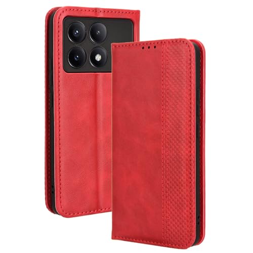 WOKEZ Handyhülle für ‎Xiaomi Poco X6 Pro 5G/Redmi K70E 5G Hülle Leder, Vintage Klapphülle Leder Schutzhülle Abdeckung, Klappbar Wallet Lederhülle[Kartenfächer] [Standfunktion] [Magnet]-Rot von WOKEZ