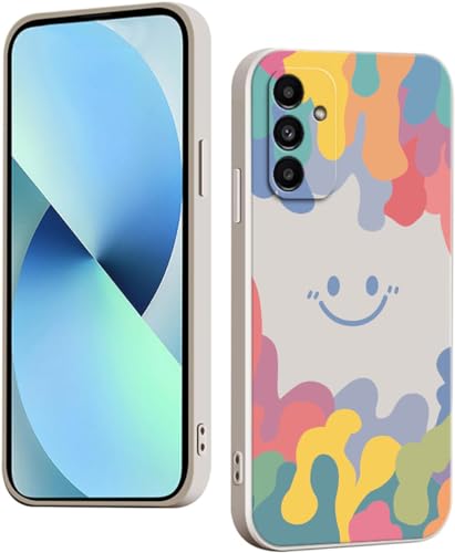 WOKEZ Hülle für Samsung Galaxy A14 4G(5G) Smiley Schlanke Gesichtsmuste Flüssige Silikon Mattschutzhülle, Stoßfeste und Kratzfeste Handyhülle-Weiß752 von WOKEZ