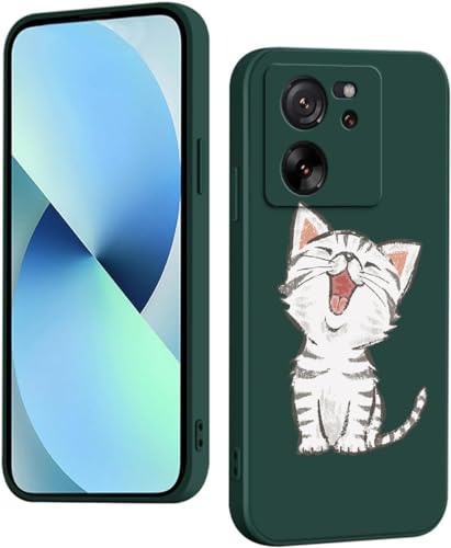 WOKEZ Hülle für Xiaomi 13T/Xiaomi 13T Pro mit Kätzchen, Dünn Silikon Handyhülle für Xiaomi 13T/13T Pro mit Microfiber Schutzhülle, Stoßfest Weiches Case Cover mit Kratzfest-Grün07 von WOKEZ