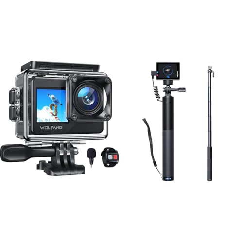 WOLFANG Action Cam GA120 4K30FPS & Wiederaufladbarer Selfie Stick Set von WOLFANG
