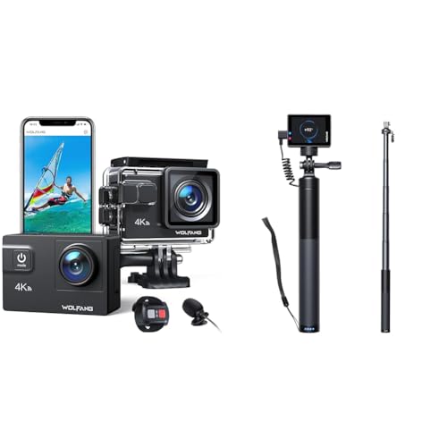 WOLFANG Action Cam GA300 4K60FPS & Wiederaufladbarer Selfie Stick Set von WOLFANG