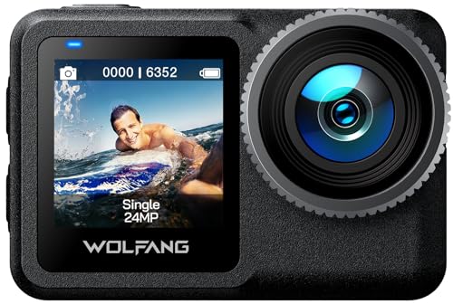 WOLFANG Action Kamera 5K30FPS 24MP, 40M Waterproof Unterwasserkamera mit 12M Waterproof Unprotected, 2.2" Touchscreen, 5G WiFi, EIS, Interne 1650mAh Batterie und 64GB Speicher, Zubehör Kit von WOLFANG