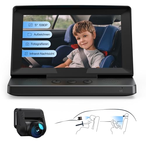 WOLFANG 1080P Baby-Autokamera: USB-C Plug-and-Play, einfache Einrichtung, 5-Zoll-Bildschirm fürs Auto-Babyphone mit Nachtsichtkamera, breite, klare Sicht für den Rücksitz von WOLFANG