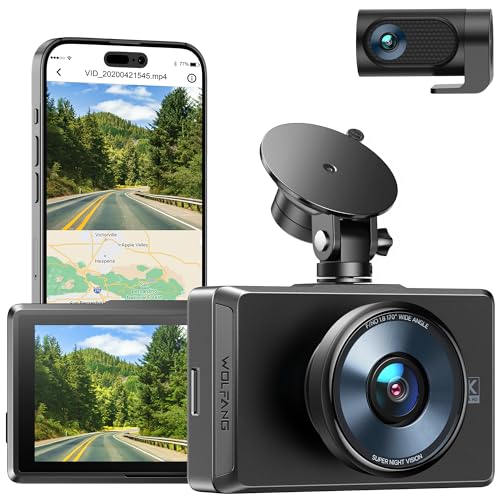 WOLFANG Dashcam Auto Vorne Hinten, 4K/2.5K Dual Dash Cam, GPS WiFi Dash Cam, Auto Dashboard Recorder, 3" IPS-Bildschirm, Nachtsicht-Loop-Aufnahme 170 ° Weitwinkel WDR, unterstützt 256 GB Max von WOLFANG