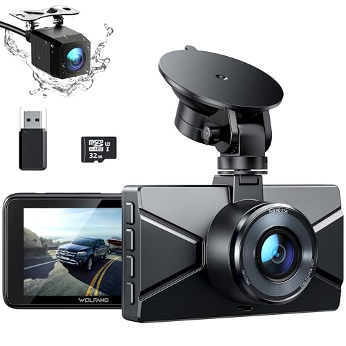 WOLFANG Dashcam Auto Vorne Hinten 2,5K+1080P Auto Kamera, Ultra Nachtsicht,170°Weitwinkel,WDR,24 Std. Parkmodus, G-Sensor, Loop-Aufnahme, Innen mit 32GB SD-Karte von WOLFANG