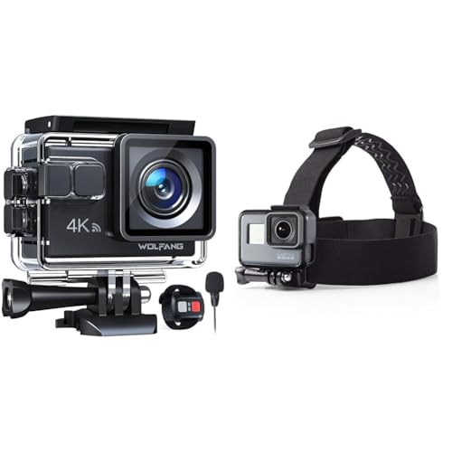 WOLFANG GA100 Action Cam 4K 20MP Unterwasserkamera & Amazon Basics Kopfgurt für GoPro Actionkamera, Schwarz von WOLFANG