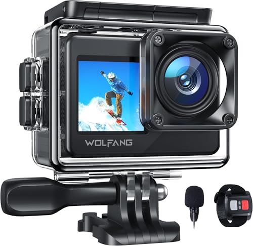 WOLFANG GA120 Action Cam 4K 20MP WiFi, Unterwasserkamera 40M Wasserdicht Kamera, 170° Weitwinkel Dual Screen Vlogging Kamera mit EIS Bildstabilisierung, Helmhalterung Zubehör Kits von WOLFANG