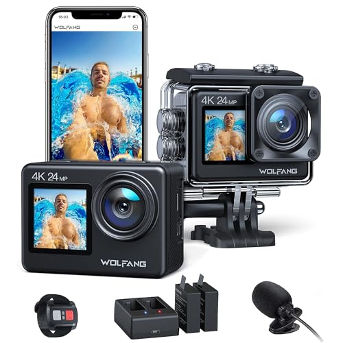 WOLFANG GA200 Action Cam 4K 24MP Unterwasserkamera WiFi 40M wasserdichte EIS Bildstabilisator Touchscreen Helmkamera 170° Weitwinkel Camcorder (Ladegerät, Fernbedienung, 2 Akkus und Zubehör Kit) von WOLFANG