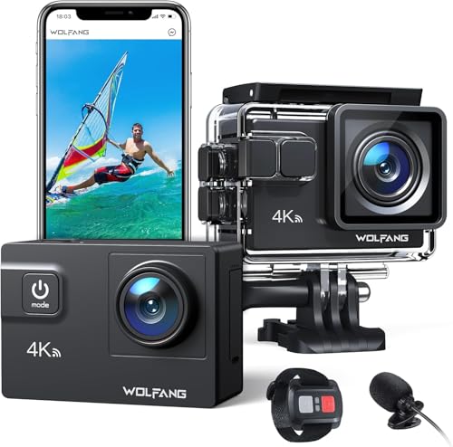 WOLFANG GA300 Action Cam 4K 60FPS 24MP Unterwasserkamera WiFi 40M wasserdichte 2.0 EIS Bildstabilisator Touchscreen Helmkamera 8X Zoom (Externes Mikrofon, 2x1350mAh Akkus und Zubehör Kit) von WOLFANG