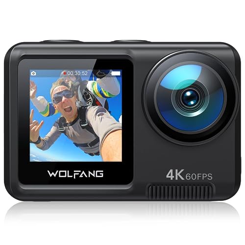 WOLFANG GA420 Action Cam 4K 60FPS Unterwasserkamera WiFi 10M Wasserdicht ohne Gehäuse 3.0 EIS Bildstabilisator Dual Screen Helmkamera (Externem Mikrofon, 2x1350mAh Akkus und Zubehör Kit) von WOLFANG