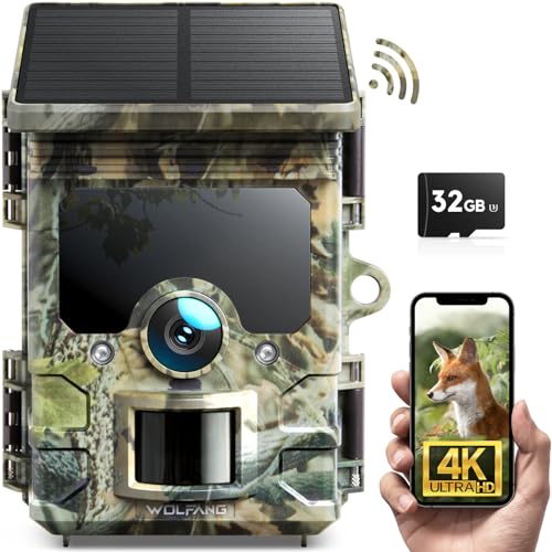 WOLFANG Solar Wildkamera mit Handyübertragung, 4K 30fps 46MP,120 ° Weitwinkel WLAN Bluetooth Wildtierkamera, Bewegungsmelder Nachtsicht, IP66, 0.1s Auslösezeit für Wildlife Monitoring mit SD Karte von WOLFANG